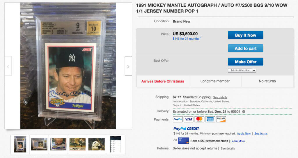 Mickey Mantle autograph ebay listing