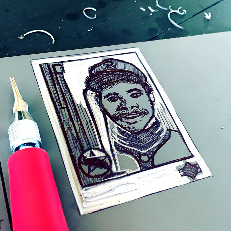 Linocut print custom baseball cards